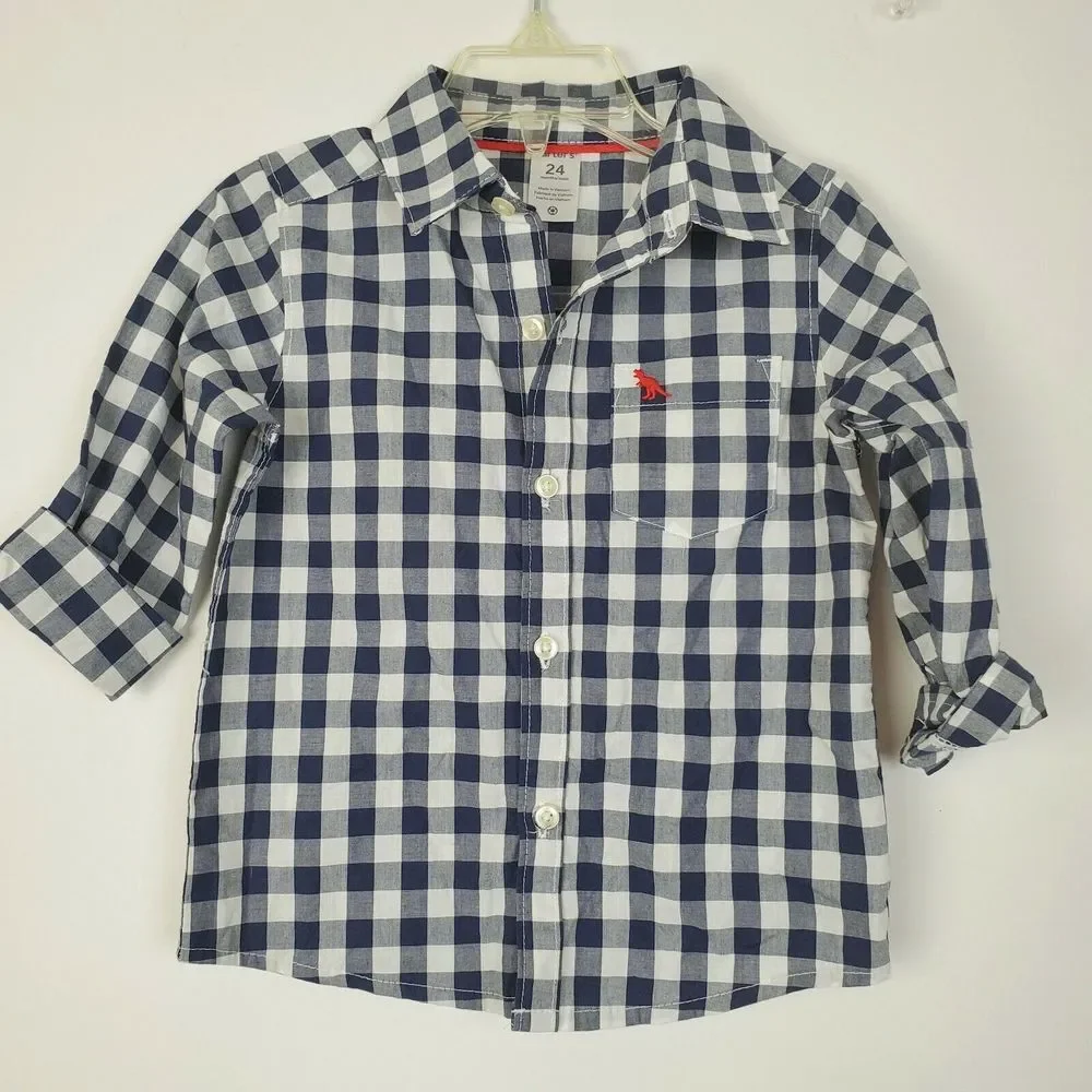 Carter's Boys Plaid Button Long Sleeve Shirt 24M‎ Blue White Red Dinosaur